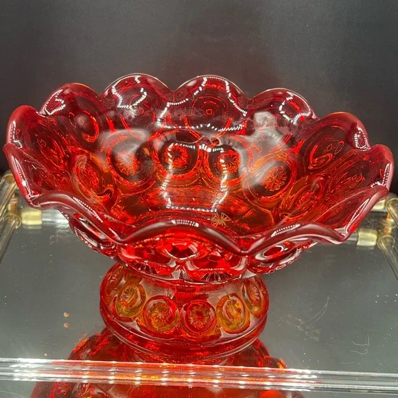 Vintage LE Smith Moon & Stars Ruby Red & Amberina Glass Footed Bowl ~ GLOWS - Picture 7 of 10